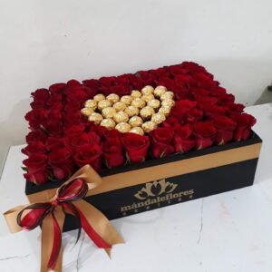 Caja 80 rosas con Corazón Ferrero