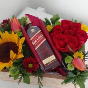 Caja p/botella clasica con 1 girasol (no incluye botella)