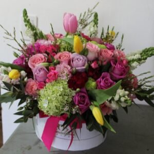 Caja Circular Gde Blanca bouquet Pastel