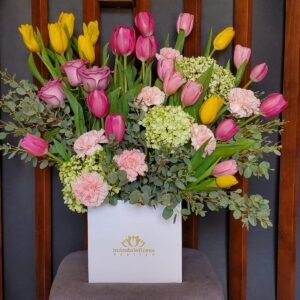 Cubo Coquett con 25 Tulipanes